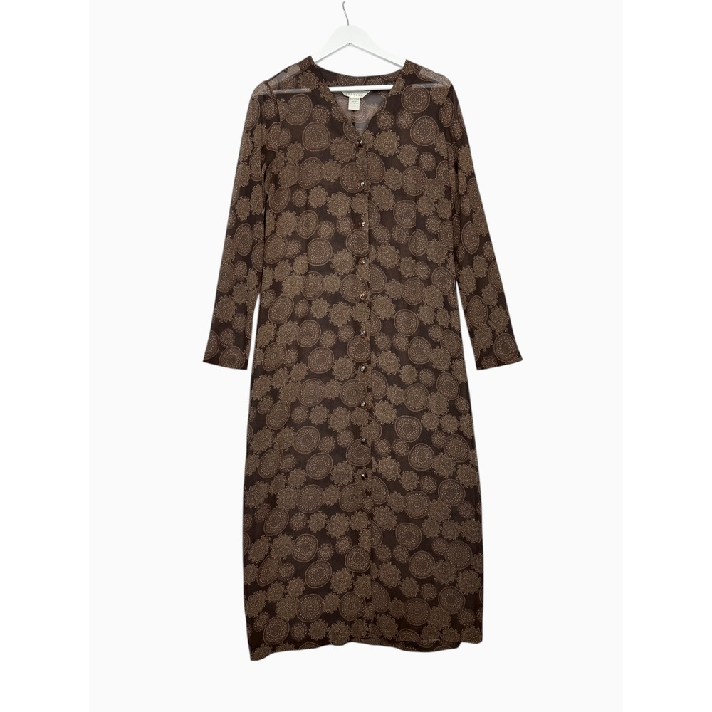 Express Brown Paisley Button Front Midi Dress Womens Size 11/12 Boho Long Sleeve